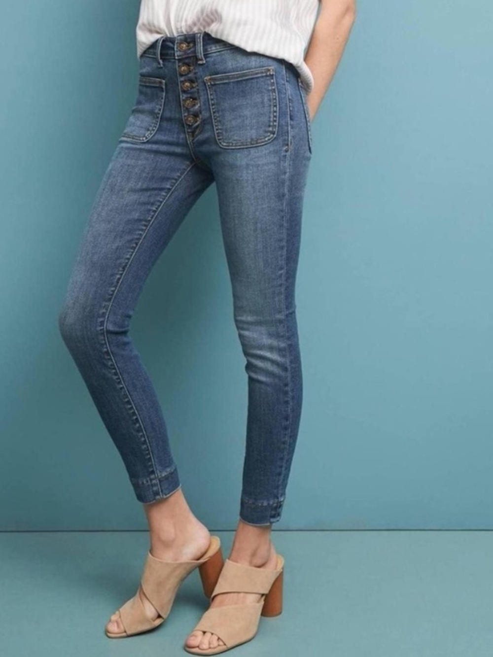 Pilcro and the Letterpress High-Rise Button-Front Skinny Jeans in Medium Blue